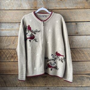 Croft & Barrow Sweater XL Silk Blend Full Zip Cardinal Christmas Embroidered